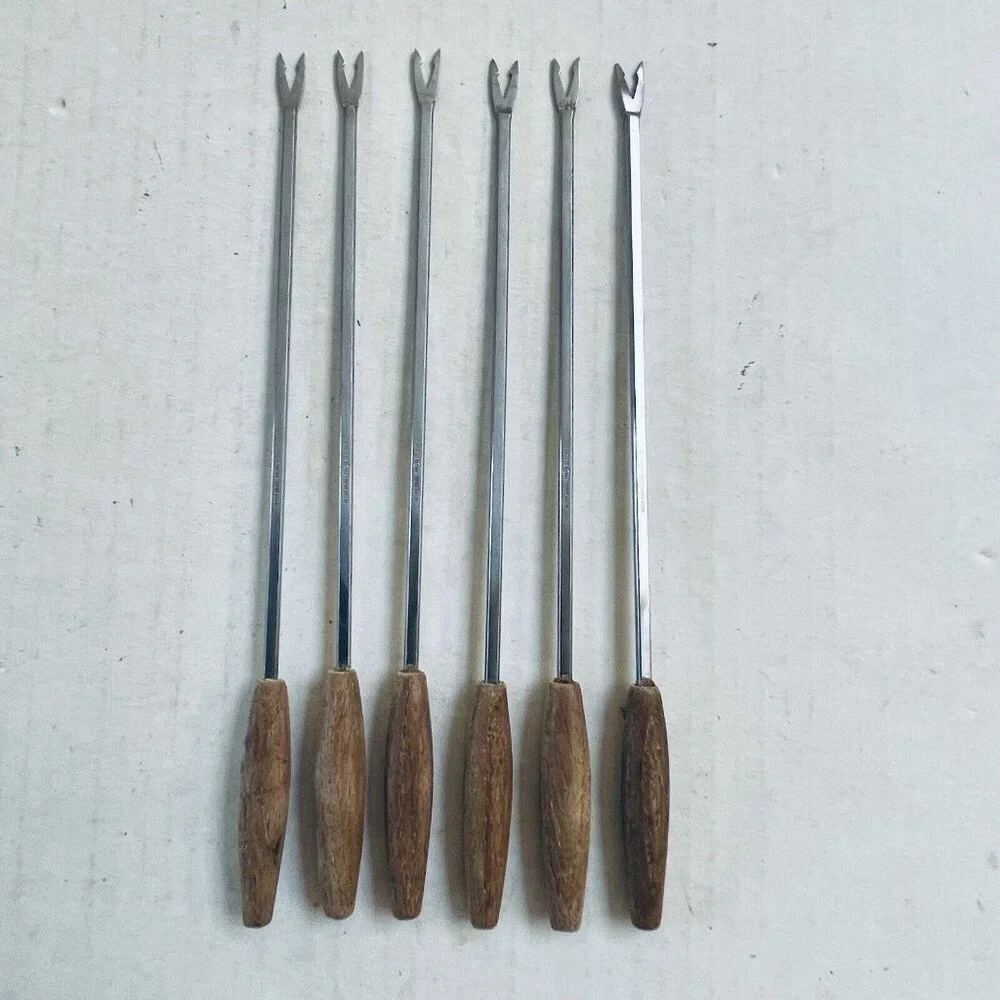 Rostfrei Fondue Forks Germany Stainless Steel 2 Prong‎ Wood Handles Mid Century